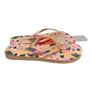Joe Fresh Flip Flop Sandals Womens Size 6 Floral Gold Strap Beach Summer Shoes